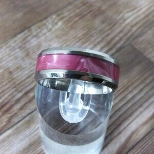 New Size 9, Silver Stainless Steel 8 MM Band Unisex Ring - Pink Swirl